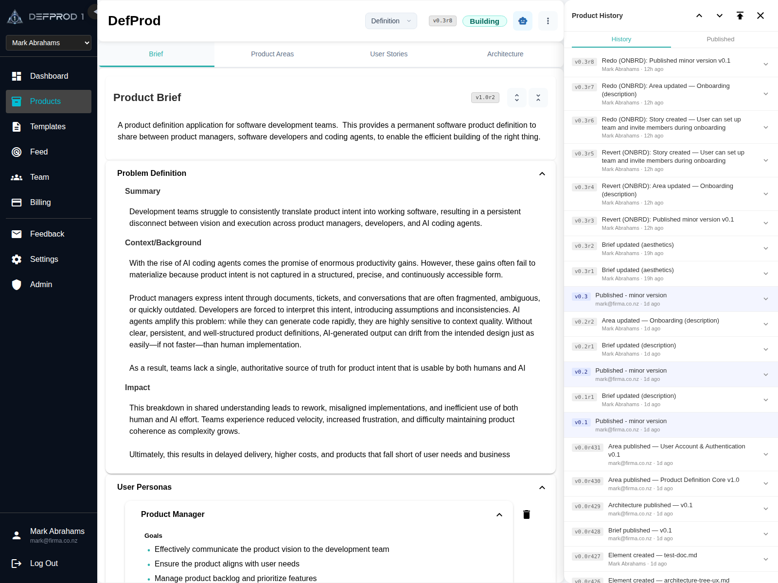 DefProd product history panel showing versioned changes, published milestones, and attribution for product definition updates.
